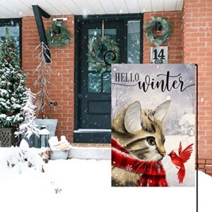 Winter Cat Garden Flag 12x18 Vertical Double Sided Cardinal Bird Snow Christmas Holiday Outside Decorations Burlap Yard Flag BW230