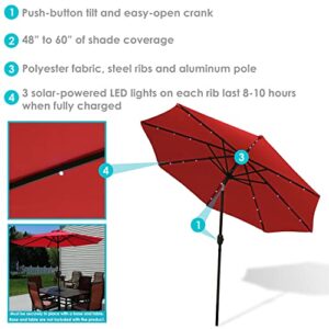 Sunnydaze 9-Foot Outdoor Patio Market Umbrella with Solar LED Lights, Crank and Push Button Tilt - Backyard, Garden, Pool and Deck Shade - Aluminum Pole and Polyester Canopy - Red