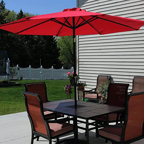 Sunnydaze 9-Foot Outdoor Patio Market Umbrella with Solar LED Lights, Crank and Push Button Tilt - Backyard, Garden, Pool and Deck Shade - Aluminum Pole and Polyester Canopy - Red