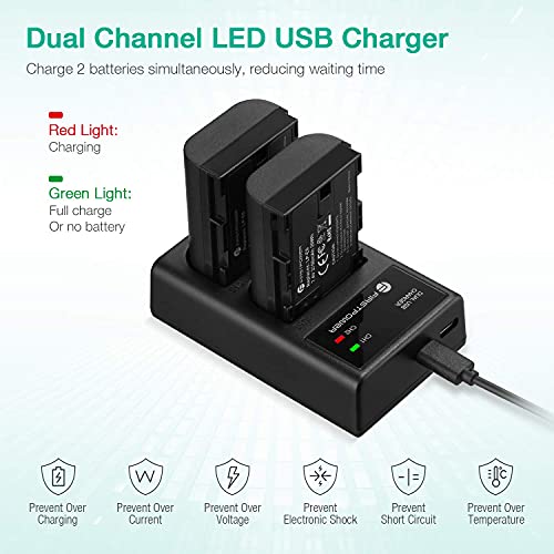 FirstPower LP-E6 LP-E6N Batteries and Dual USB Charger Compatible with Canon EOS 5D Mark II III IV, 5DS, 5DS R, 6D, 6D Mark II, 7D, 7D Mark II, 60D, 70D, 80D, 90D, R, R5, C700, XC10, XC15