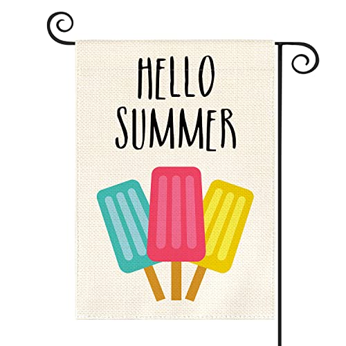 AVOIN colorlife Hello Summer Popsicles Garden Flag Double Sided Outside Ice Cream Blue Red Yellow Pops, Seasonal Rustic Yard Outdoor Decoration 12 x 18 Inch