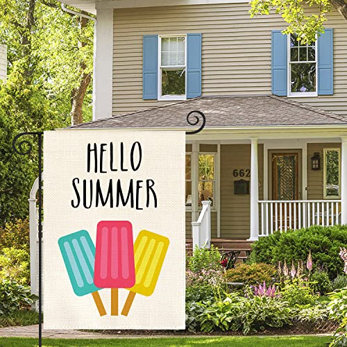 AVOIN colorlife Hello Summer Popsicles Garden Flag Double Sided Outside Ice Cream Blue Red Yellow Pops, Seasonal Rustic Yard Outdoor Decoration 12 x 18 Inch