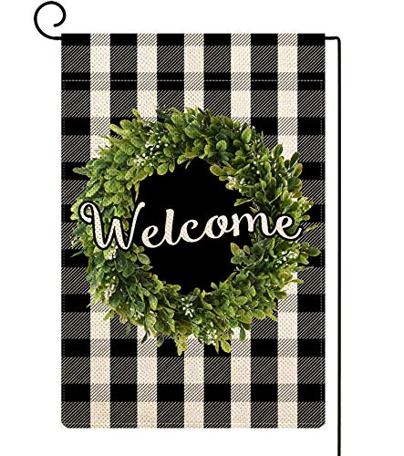 Baccessor Boxwood Wreath Welcome Garden Flag Double Sided, Buffalo Plaid Check Spring Fall Yard Flag Burlap, Small Farmhouse Rustic Flags for Outdoor Outside Decoration 12 x 18 Inch