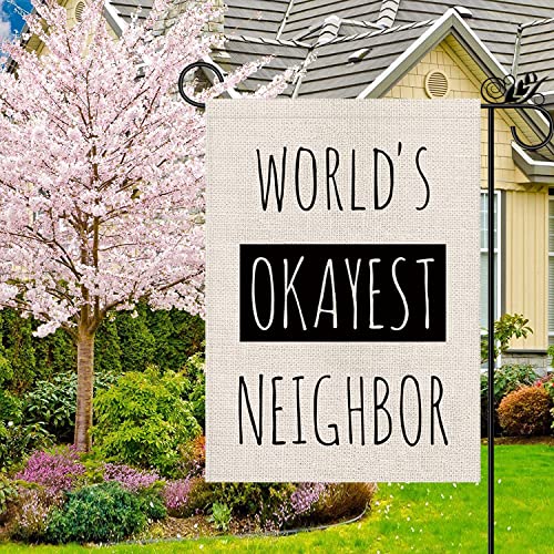 Funny Garden Flag World's Okayest Neighbor Vertical Double Sided Outdoor Indoor Decor Holiday Burlap Yard Sign Flags 12.5 x 18 Inch