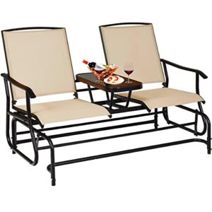 giantex patio bench glider chair with metal frame, center tempered glass table, outside double rocking swing loveseat for porch, garden, poolside, balcony, lawn rocker outdoor glider bench(beige)