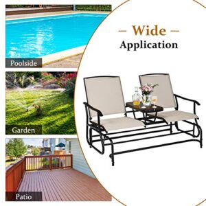 Giantex Patio Bench Glider Chair with Metal Frame, Center Tempered Glass Table, Outside Double Rocking Swing Loveseat for Porch, Garden, Poolside, Balcony, Lawn Rocker Outdoor Glider Bench(Beige)