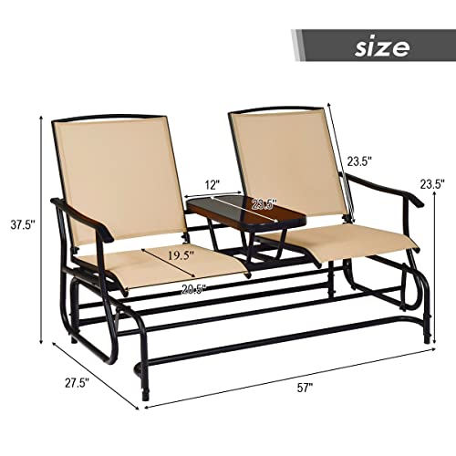 Giantex Patio Bench Glider Chair with Metal Frame, Center Tempered Glass Table, Outside Double Rocking Swing Loveseat for Porch, Garden, Poolside, Balcony, Lawn Rocker Outdoor Glider Bench(Beige)