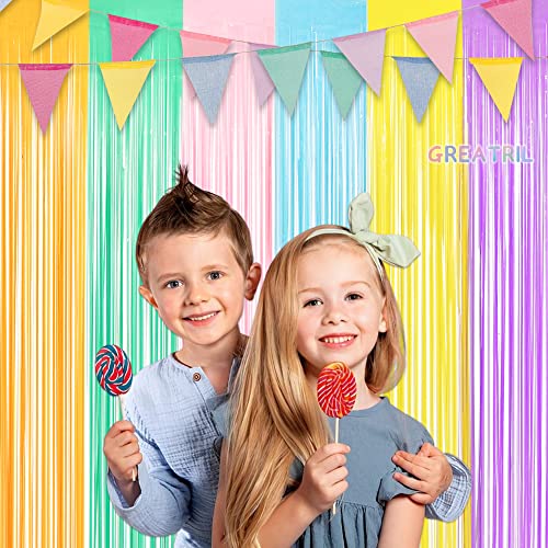 Pastel Rainbow Tinsel Curtain Party Backdrop - GREATRIL Pastel Color Foil Fringe Curtain Photo Booth Streamers for Birthday Easter Spring Baby Bride Shower Ice Cream Unicorn Girls Party Decorations