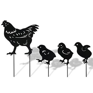 4pcs chicken yard art metal stakes, garden insert hen sculpture ornament, metal chicken shape statue, chicken family lawn silhouette garden art (black)