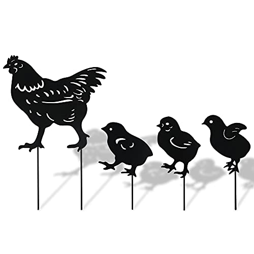 4Pcs Chicken Yard Art Metal Stakes, Garden Insert Hen Sculpture Ornament, Metal Chicken Shape Statue, Chicken Family Lawn Silhouette Garden Art (Black)