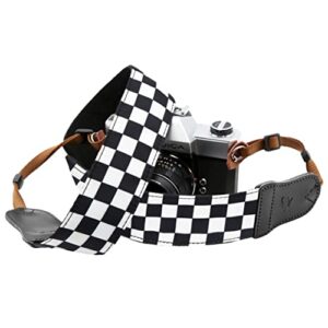 black and white plaid camera strap – 2″wide with double layer cowhide head,personalized cotton camera shoulder straps,grid pattern adjustable camera neck strap for all cameras,gift for photographers