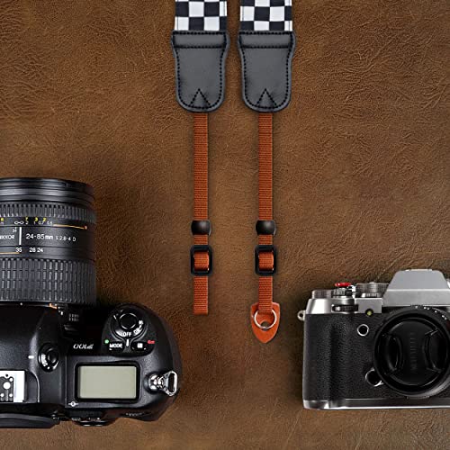 Black and White Plaid Camera Strap - 2"Wide with Double Layer Cowhide Head,Personalized Cotton Camera Shoulder Straps,Grid Pattern Adjustable Camera Neck Strap for all Cameras,Gift for Photographers