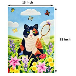 LAYOER Home Garden Flag 12.5 x 18 inch Grass Pastoral Cat & Flower Net Bag Catching Butterflies