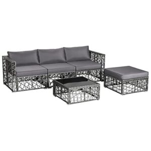 tangkula 5 pieces patio furniture set, patiojoy all weather heavy duty outdoor pe rattan wicker sectional cushioned sofa set with tempered glass coffee table and ottoman for 4, poolside, garden (grey)