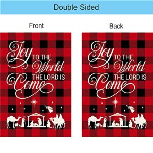 MONORD Religious Christmas Joy To The World Nativity Manger Scene Buffalo Plaid Burlap Garden Flag Vertical Double Sided, Birth of Jesus Christian Xmas Winter Yard Outdoor Decor 12 x 18 Inch