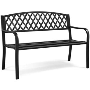 yaheetech garden bench patio park bench, cast iron metal frame porch bench, outdoor yard bench with mesh pattern and armrests for lawn, deck, work, path, backyard, entryway clearance – black