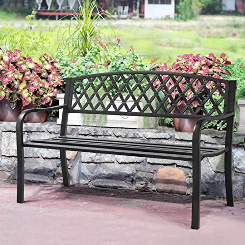 Yaheetech Garden Bench Patio Park Bench, Cast Iron Metal Frame Porch Bench, Outdoor Yard Bench with Mesh Pattern and Armrests for Lawn, Deck, Work, Path, Backyard, Entryway Clearance - Black