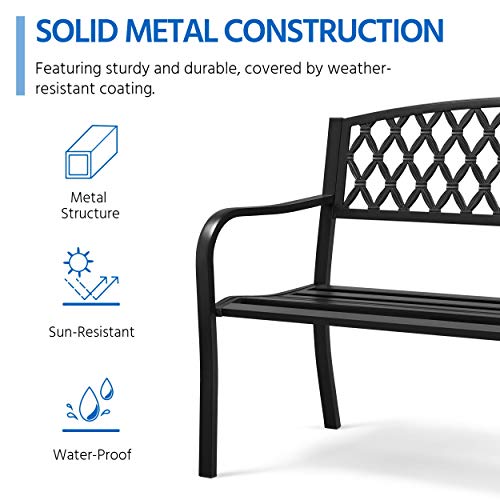 Yaheetech Garden Bench Patio Park Bench, Cast Iron Metal Frame Porch Bench, Outdoor Yard Bench with Mesh Pattern and Armrests for Lawn, Deck, Work, Path, Backyard, Entryway Clearance - Black