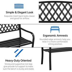 Yaheetech Garden Bench Patio Park Bench, Cast Iron Metal Frame Porch Bench, Outdoor Yard Bench with Mesh Pattern and Armrests for Lawn, Deck, Work, Path, Backyard, Entryway Clearance - Black