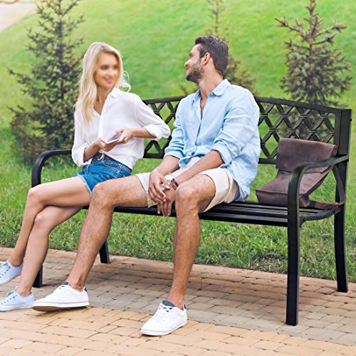 Yaheetech Garden Bench Patio Park Bench, Cast Iron Metal Frame Porch Bench, Outdoor Yard Bench with Mesh Pattern and Armrests for Lawn, Deck, Work, Path, Backyard, Entryway Clearance - Black