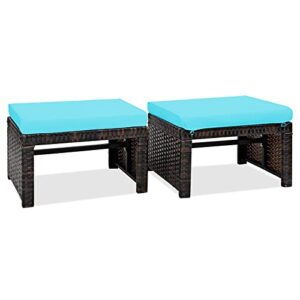 relax4life 2-piece wicker outdoor ottoman – set of two wicker ottomans footstool footrest for patio with soft cushions, outdoor pouf for garden, poolside and backyard (turquoise)