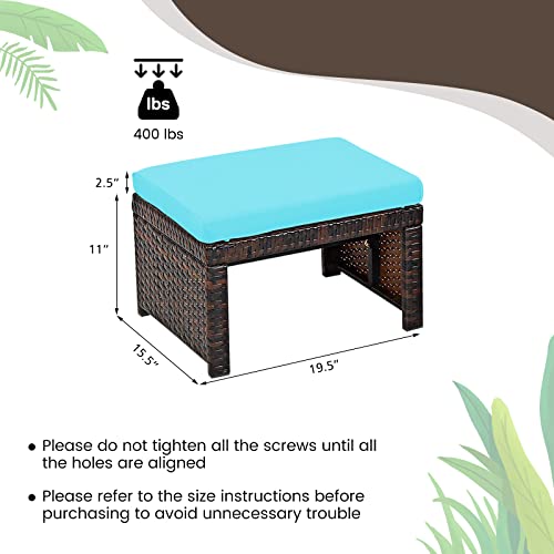RELAX4LIFE 2-Piece Wicker Outdoor Ottoman - Set of Two Wicker Ottomans Footstool Footrest for Patio with Soft Cushions, Outdoor Pouf for Garden, Poolside and Backyard (Turquoise)