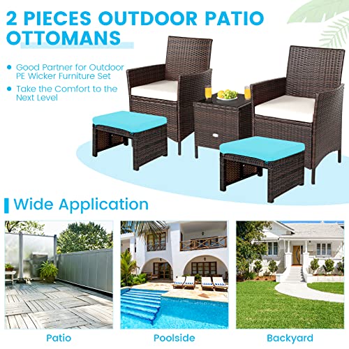 RELAX4LIFE 2-Piece Wicker Outdoor Ottoman - Set of Two Wicker Ottomans Footstool Footrest for Patio with Soft Cushions, Outdoor Pouf for Garden, Poolside and Backyard (Turquoise)