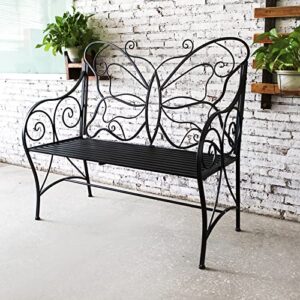 hlc outdoor bench patio outdoor garden bench butterfly cast iron metal with armrests for garden, park,yard, patio, porch, lawn double seats black