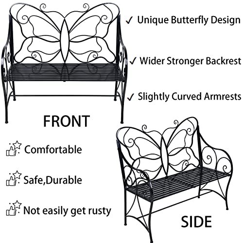 HLC Outdoor Bench Patio Outdoor Garden Bench Butterfly Cast Iron Metal with Armrests for Garden, Park,Yard, Patio, Porch, Lawn Double Seats Black