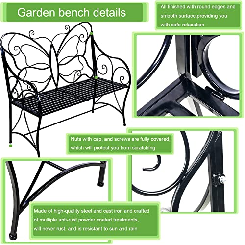 HLC Outdoor Bench Patio Outdoor Garden Bench Butterfly Cast Iron Metal with Armrests for Garden, Park,Yard, Patio, Porch, Lawn Double Seats Black