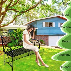 HLC Outdoor Bench Patio Outdoor Garden Bench Butterfly Cast Iron Metal with Armrests for Garden, Park,Yard, Patio, Porch, Lawn Double Seats Black