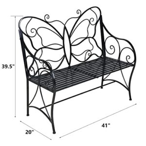 HLC Outdoor Bench Patio Outdoor Garden Bench Butterfly Cast Iron Metal with Armrests for Garden, Park,Yard, Patio, Porch, Lawn Double Seats Black