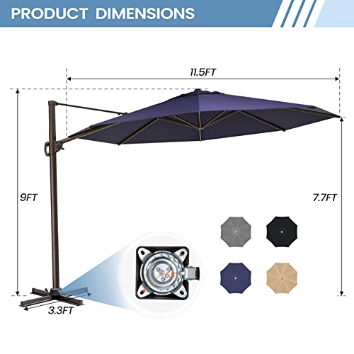 CLOUDFLY 11.5FT Patio Umbrella Round Navy with 360°Rotation 7 Heights Adjustable Aluminum Pole Offset Cantilever Outdoor Umbrella For Garden Swimming Pool