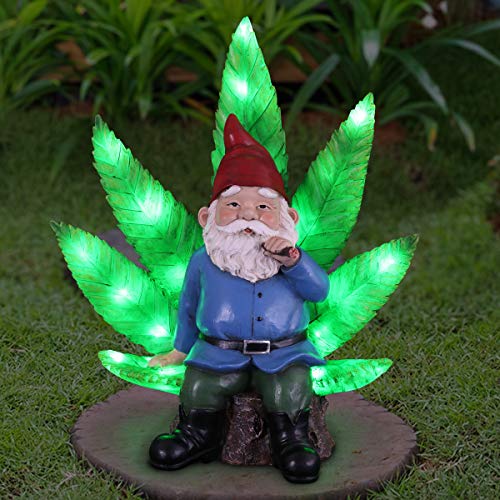 Exhart Smoking Garden Gnome Statue with LED Light-Up Pot Leaf, Battery Powered Timer, Durable Resin Outdoor Decor, Funny Gnomes Yard Art, 11 x 6 x 12 Inch
