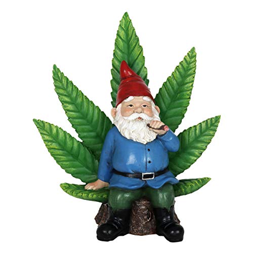 Exhart Smoking Garden Gnome Statue with LED Light-Up Pot Leaf, Battery Powered Timer, Durable Resin Outdoor Decor, Funny Gnomes Yard Art, 11 x 6 x 12 Inch