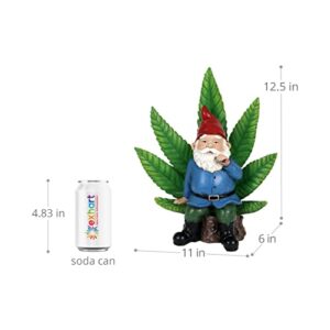 Exhart Smoking Garden Gnome Statue with LED Light-Up Pot Leaf, Battery Powered Timer, Durable Resin Outdoor Decor, Funny Gnomes Yard Art, 11 x 6 x 12 Inch