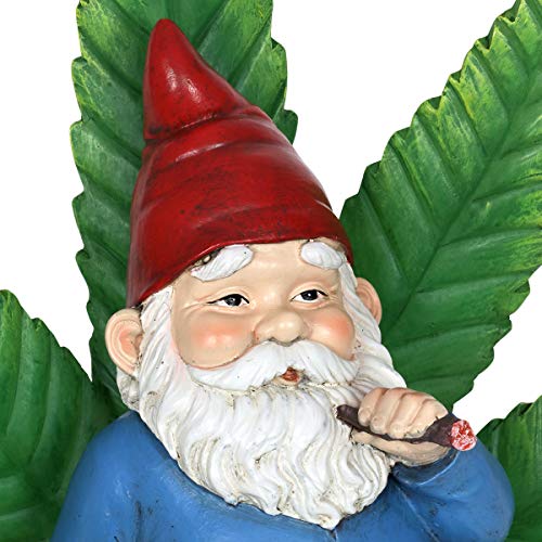 Exhart Smoking Garden Gnome Statue with LED Light-Up Pot Leaf, Battery Powered Timer, Durable Resin Outdoor Decor, Funny Gnomes Yard Art, 11 x 6 x 12 Inch