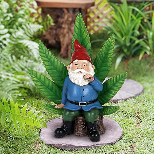 Exhart Smoking Garden Gnome Statue with LED Light-Up Pot Leaf, Battery Powered Timer, Durable Resin Outdoor Decor, Funny Gnomes Yard Art, 11 x 6 x 12 Inch