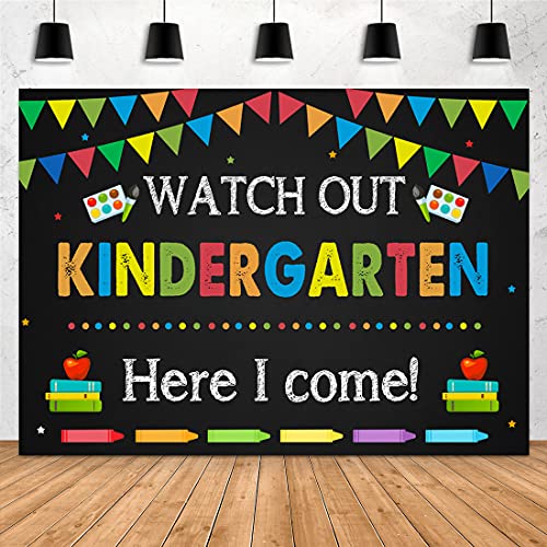 Aperturee Kindergarten Back to School Backdrop 7x5ft Watch Out Here I Come First Day of School Preschool Photography Background Kids Classroom Party Decoration Supplies Banner Photo Booth Studio Prop