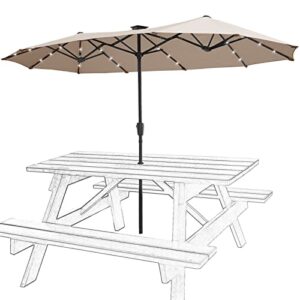 free soldier 13ft double-sided patio umbrellas with 36 led lights, outdoor extra large umbrella with crank, market twin table umbrella with solar lights for patio garden yard pool (beige)