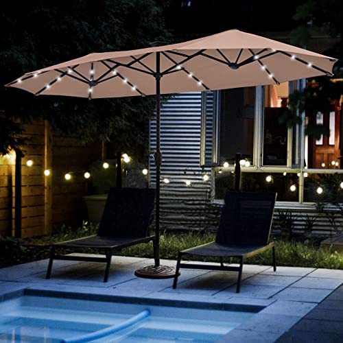 FREE SOLDIER 13FT Double-Sided Patio Umbrellas With 36 LED Lights, Outdoor Extra Large Umbrella with Crank, Market Twin Table Umbrella with Solar lights for Patio Garden Yard Pool (Beige)