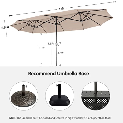 FREE SOLDIER 13FT Double-Sided Patio Umbrellas With 36 LED Lights, Outdoor Extra Large Umbrella with Crank, Market Twin Table Umbrella with Solar lights for Patio Garden Yard Pool (Beige)