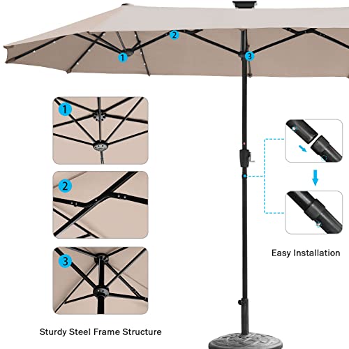 FREE SOLDIER 13FT Double-Sided Patio Umbrellas With 36 LED Lights, Outdoor Extra Large Umbrella with Crank, Market Twin Table Umbrella with Solar lights for Patio Garden Yard Pool (Beige)