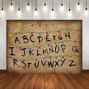 Lofaris Stranger Backdrops for Photography Rustic Alphabet Colorful Lights Background Kids Birthday Party Decorations Supplies Cake Table Banner Photo Booth Props Cake Table Banner