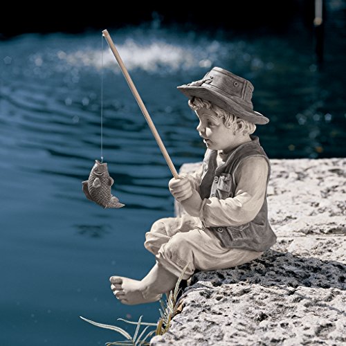 Design Toscano NG32122 Frederic The Little Fisherman of Avignon Boy Fishing Garden Statue, 6.5"D x 9.5"W x 15"H, two tone stone