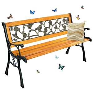 Metal Outdoor Bench Patio Bench Cast Iron Steel Frame Garden Bench Patio Furniture Chair Outdoor Bench w/Floral Design Backrest, Wood Slatted Seat for Park, Yard & Porch, Bronze