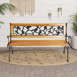 Metal Outdoor Bench Patio Bench Cast Iron Steel Frame Garden Bench Patio Furniture Chair Outdoor Bench w/Floral Design Backrest, Wood Slatted Seat for Park, Yard & Porch, Bronze