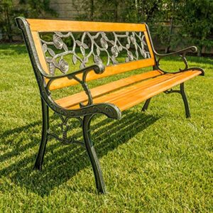 Metal Outdoor Bench Patio Bench Cast Iron Steel Frame Garden Bench Patio Furniture Chair Outdoor Bench w/Floral Design Backrest, Wood Slatted Seat for Park, Yard & Porch, Bronze