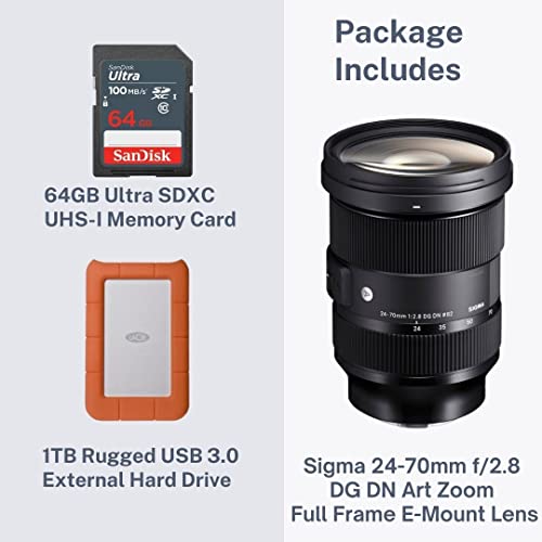 Sigma 24-70mm f/2.8 DG DN Art Zoom Full Frame Compatible with Sony E-Mount Lens with LaCie Rugged Mini 1TB Hard Drive and 64GB SD Card Bundle (3 Items)