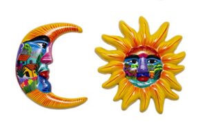 yellow hand painted authentic mexican sun and moon wall decor, patio wall decorations, summer wall ceramic decor, moon decor, mexican art for home and garden, outdoor wall art 12 inches